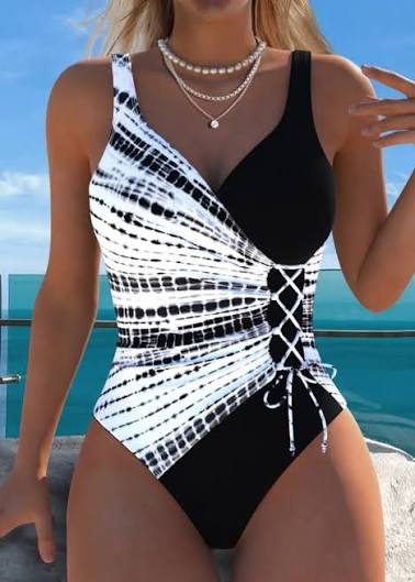 MODLILY Traje de baño de una pieza negro con estampado tie-dye, fácil de poner