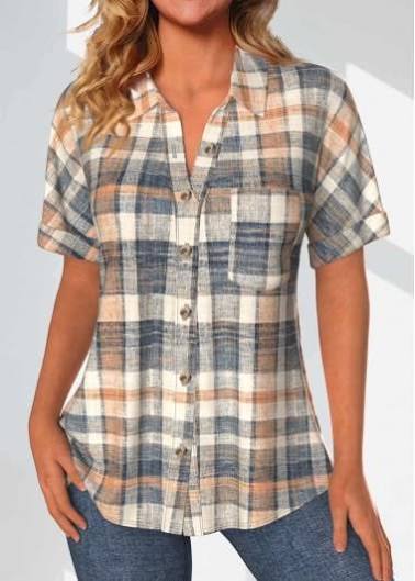 MODLILY Camisa de manga corta con cuello y botones a cuadros multicolor