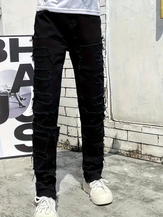 Jeans de Denim Negros para Hombre con Pierna Recta y Detalles Creativos de Borlas - Quierox - Tienda Online