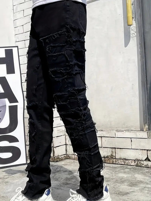 Jeans de Denim Negros para Hombre con Pierna Recta y Detalles Creativos de Borlas - Quierox - Tienda Online