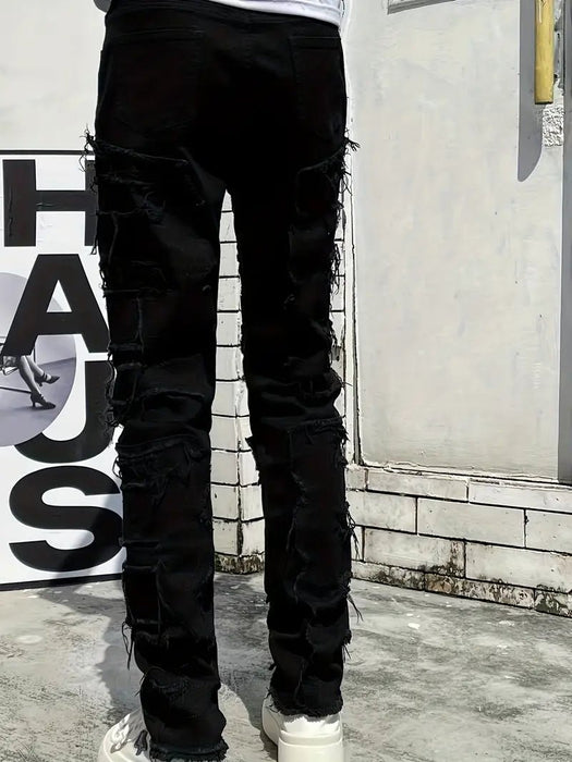 Jeans de Denim Negros para Hombre con Pierna Recta y Detalles Creativos de Borlas - Quierox - Tienda Online