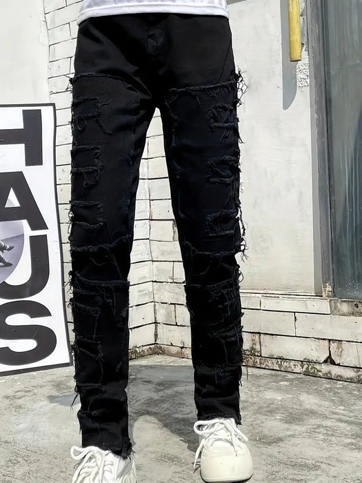 Jeans de Denim Negros para Hombre con Pierna Recta y Detalles Creativos de Borlas - Quierox - Tienda Online