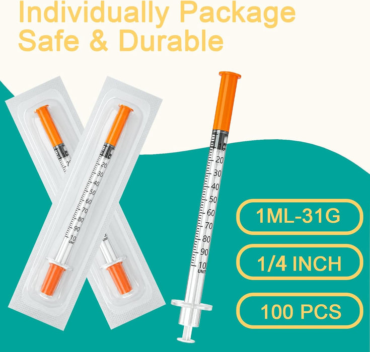 Jeringa U-100 de 1ml/cc 31G 1/4" (6mm) Jeringas, paquete individual, caja de 100 - Quierox - Tienda Online