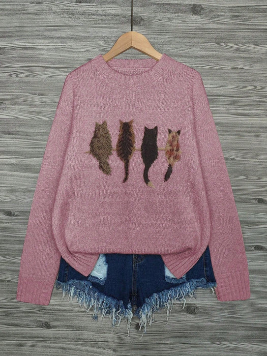 Jersey de punto holgado informal con cuello redondo y estampado de gato en colores - Quierox - Tienda Online