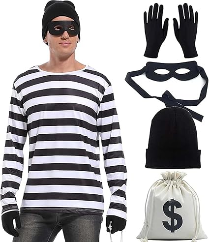 JUANSI Conjunto de disfraz de ladrón de Halloween para adultos, camiseta a rayas - Quierox - Tienda Online