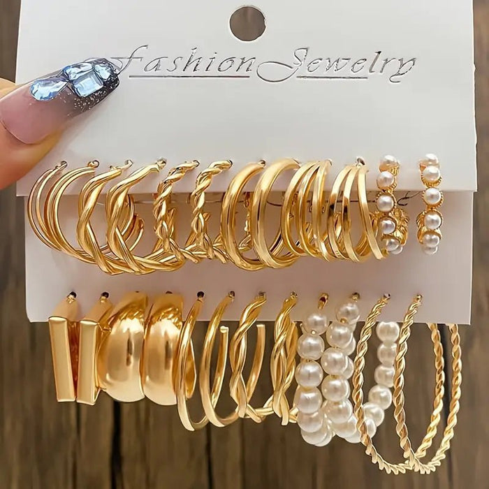 Juego de 12 pares de pendientes sencillos de metal con perlas y diseño geométrico - Quierox - Tienda Online