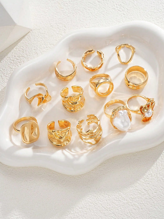 Juego de 12 piezas de anillos metálicos texturados de múltiples capas - Quierox - Tienda Online