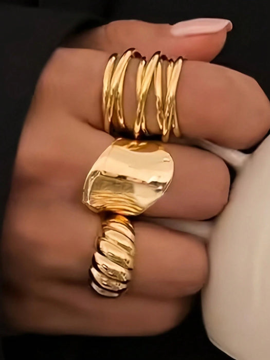 Juego de 12 piezas de anillos metálicos texturados de múltiples capas - Quierox - Tienda Online