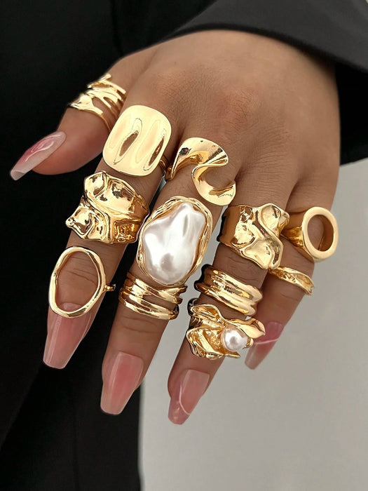 Juego de 12 piezas de anillos metálicos texturados de múltiples capas - Quierox - Tienda Online
