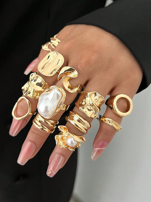 Juego de 12 piezas de anillos metálicos texturados de múltiples capas - Quierox - Tienda Online