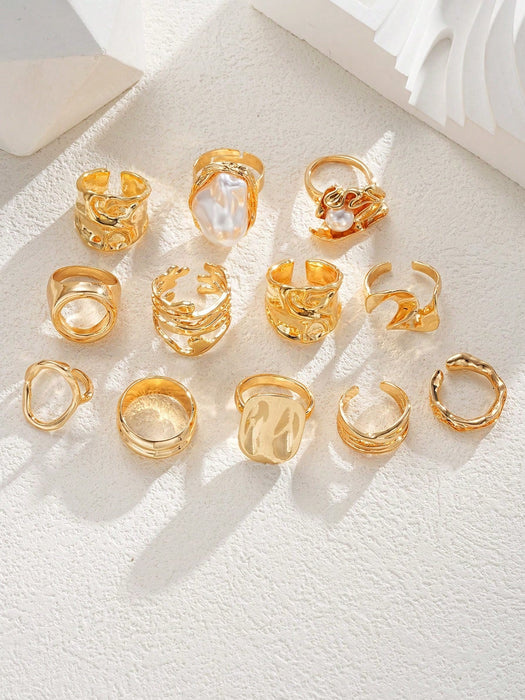 Juego de 12 piezas de anillos metálicos texturados de múltiples capas - Quierox - Tienda Online