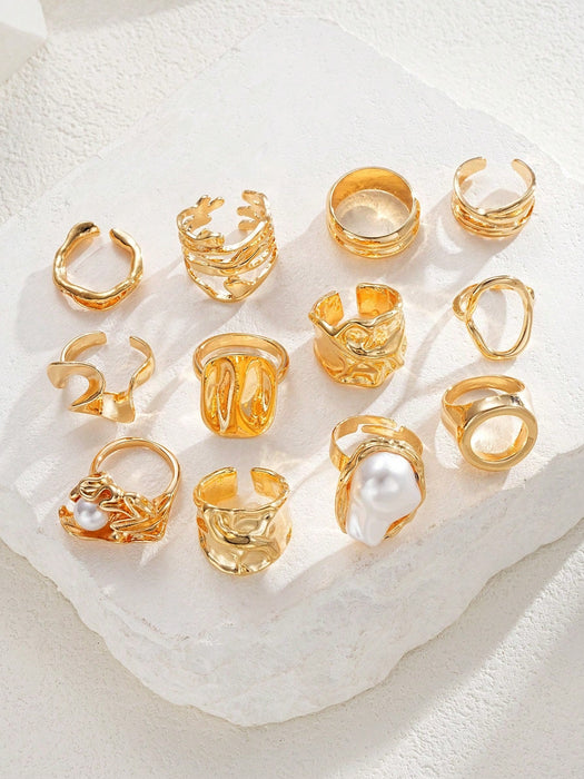 Juego de 12 piezas de anillos metálicos texturados de múltiples capas - Quierox - Tienda Online