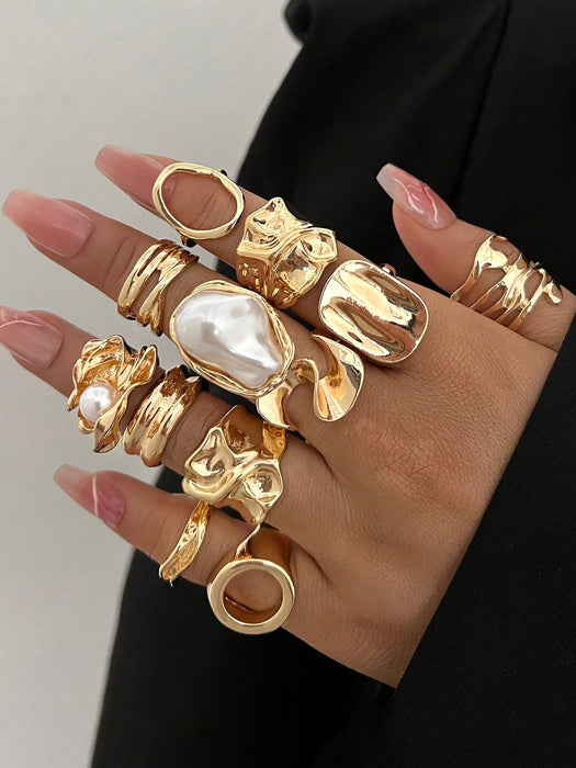 Juego de 12 piezas de anillos metálicos texturados de múltiples capas - Quierox - Tienda Online