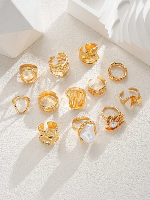 Juego de 12 piezas de anillos metálicos texturados de múltiples capas - Quierox - Tienda Online