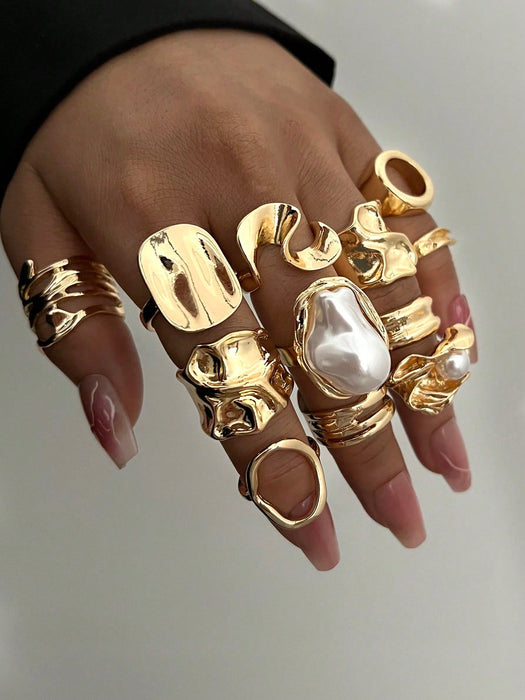 Juego de 12 piezas de anillos metálicos texturados de múltiples capas - Quierox - Tienda Online