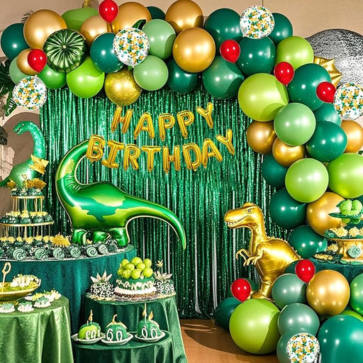 Juego de 143 globos de cumpleaños con temática de dinosaurios, bomba de inflado, cortina de flecos de papel de aluminio verde - Quierox - Tienda Online