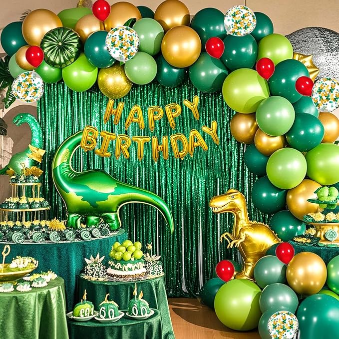 Juego de 143 globos de cumpleaños con temática de dinosaurios, bomba de inflado, cortina de flecos de papel de aluminio verde - Quierox - Tienda Online