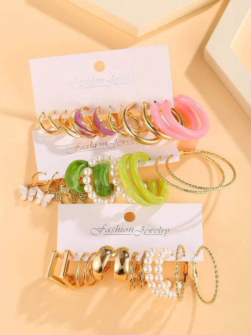 Juego de 18 pares de pendientes de aro con decoración de perlas sintéticas - Quierox - Tienda Online