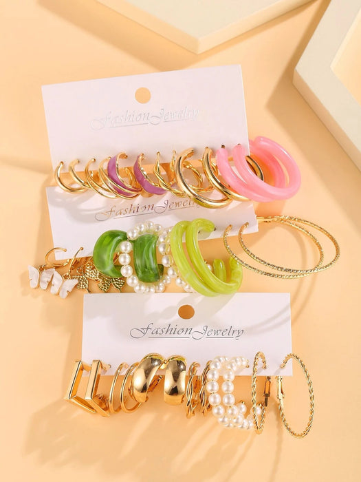 Juego de 18 pares de pendientes de aro con decoración de perlas sintéticas - Quierox - Tienda Online