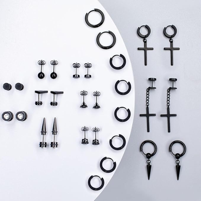 Juego de 24 pares de aretes para hombre, de acero inoxidable negro, para piercing - Quierox - Tienda Online