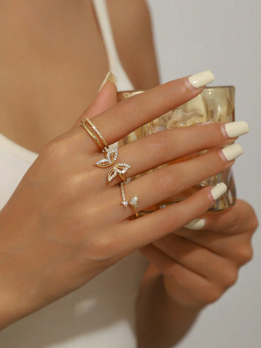 Juego de 3 anillos de moda con circonita, con patrón geométrico, de mujeres - Quierox - Tienda Online