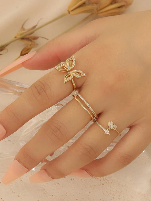 Juego de 3 anillos de moda con circonita, con patrón geométrico, de mujeres - Quierox - Tienda Online