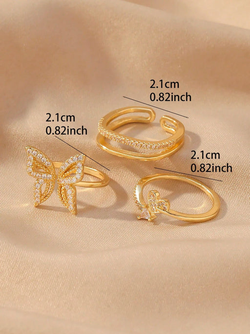 Juego de 3 anillos de moda con circonita, con patrón geométrico, de mujeres - Quierox - Tienda Online