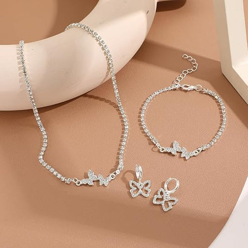 Juego de 3 piezas de collar, pulsera y pendientes colgantes de mariposa de plateado - Quierox - Tienda Online