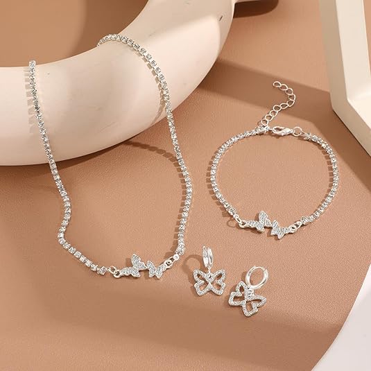 Juego de 3 piezas de collar, pulsera y pendientes colgantes de mariposa de plateado - Quierox - Tienda Online
