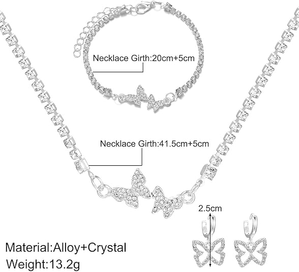 Juego de 3 piezas de collar, pulsera y pendientes colgantes de mariposa de plateado - Quierox - Tienda Online