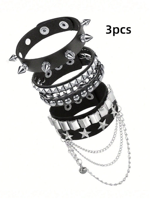 Juego de 3 pulsera con remaches punk rock para hombre, pulsera de cuero sintético - Quierox - Tienda Online