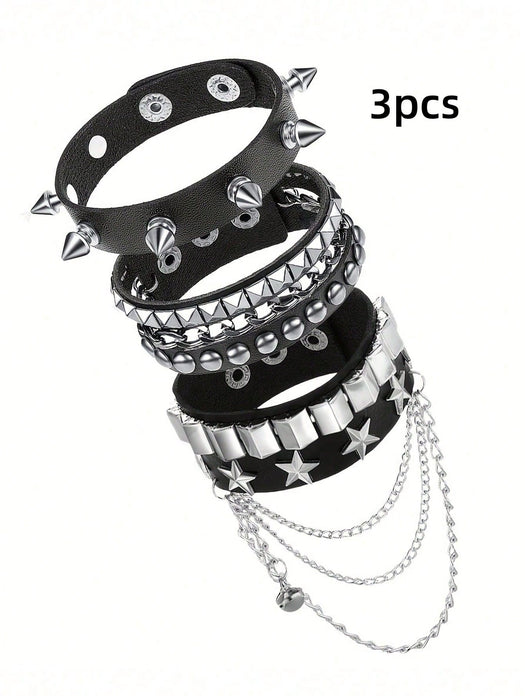 Juego de 3 pulsera con remaches punk rock para hombre, pulsera de cuero sintético - Quierox - Tienda Online