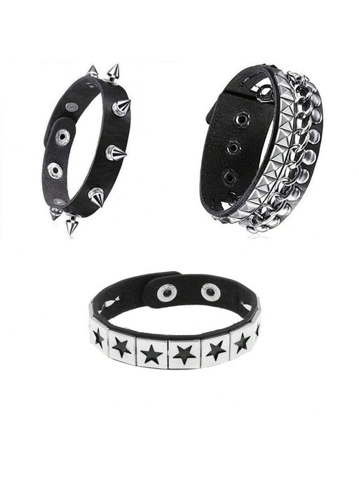 Juego de 3 pulsera con remaches punk rock para hombre, pulsera de cuero sintético - Quierox - Tienda Online