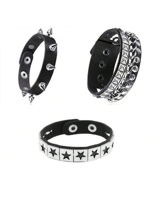 Juego de 3 pulsera con remaches punk rock para hombre, pulsera de cuero sintético - Quierox - Tienda Online