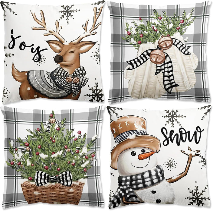 Juego de 4 fundas de cojín en gris y blanco con copos de nieve y ciervo 45 x 45 cm - Quierox - Tienda Online
