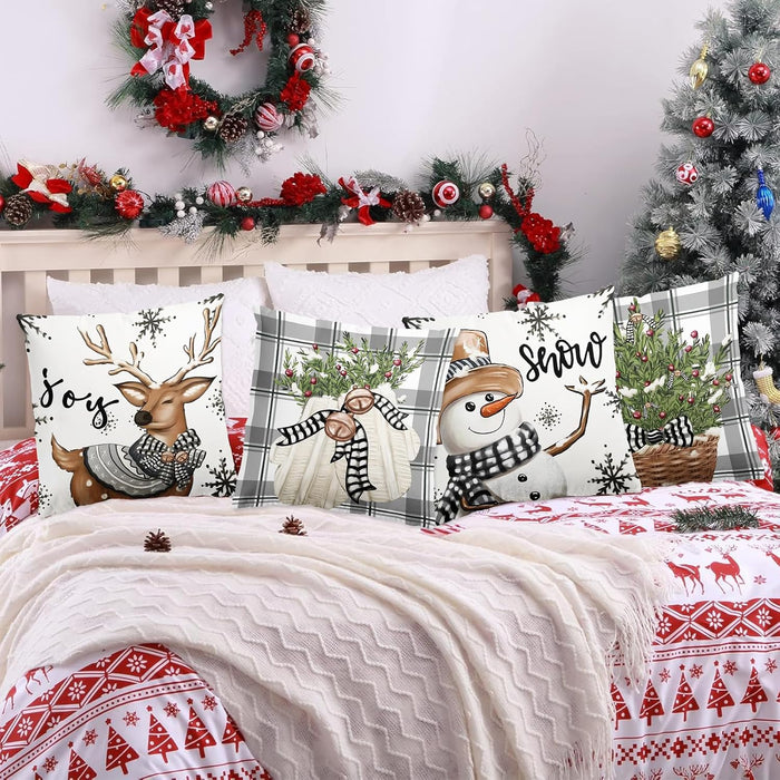 Juego de 4 fundas de cojín en gris y blanco con copos de nieve y ciervo 45 x 45 cm - Quierox - Tienda Online