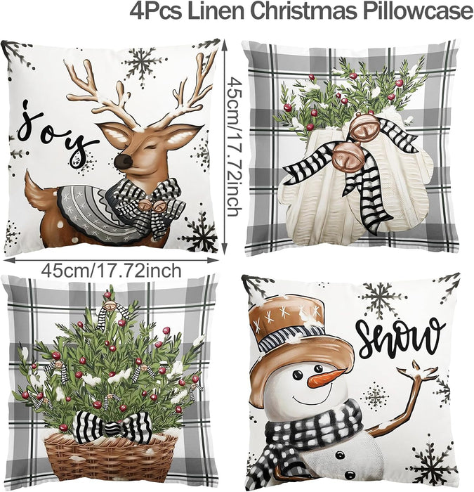 Juego de 4 fundas de cojín en gris y blanco con copos de nieve y ciervo 45 x 45 cm - Quierox - Tienda Online
