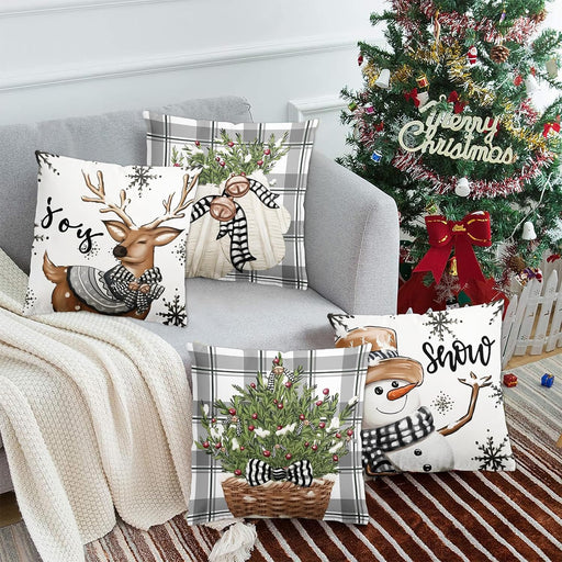 Juego de 4 fundas de cojín en gris y blanco con copos de nieve y ciervo 45 x 45 cm - Quierox - Tienda Online