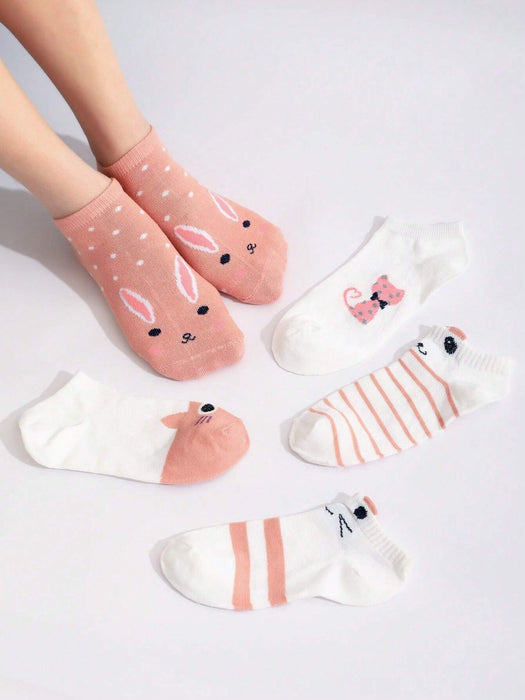 Juego de 5 pares de calcetines cortos de punto con estampado de orejas de gato - Quierox - Tienda Online