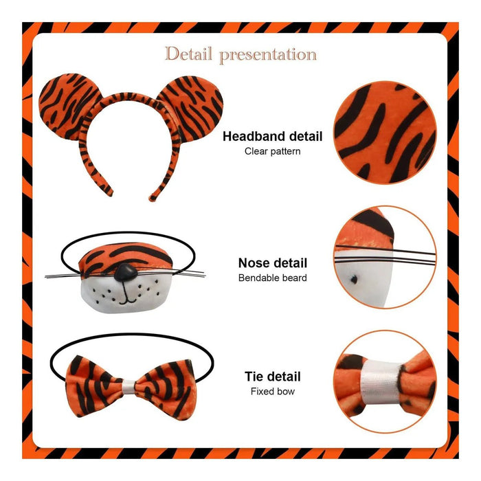 Juego de 5 piezas de disfraz de tigre, diadema de orejas de tigre, diadema para nariz - Quierox - Tienda Online
