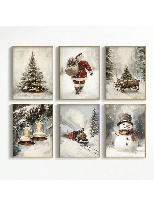 Juego de 6 lienzos navideños para pared, impresiones vintage de Papá Noel y muñeco de nieve - Quierox - Tienda Online