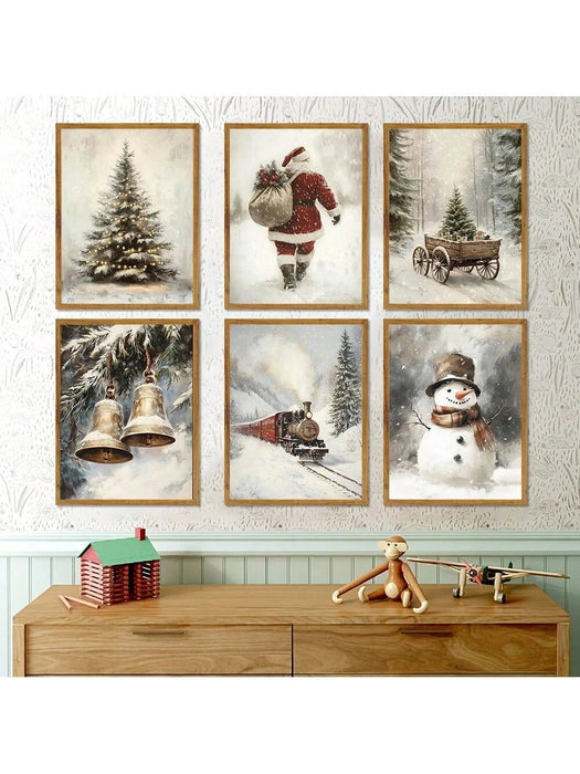 Juego de 6 lienzos navideños para pared, impresiones vintage de Papá Noel y muñeco de nieve - Quierox - Tienda Online