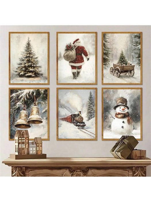 Juego de 6 lienzos navideños para pared, impresiones vintage de Papá Noel y muñeco de nieve - Quierox - Tienda Online