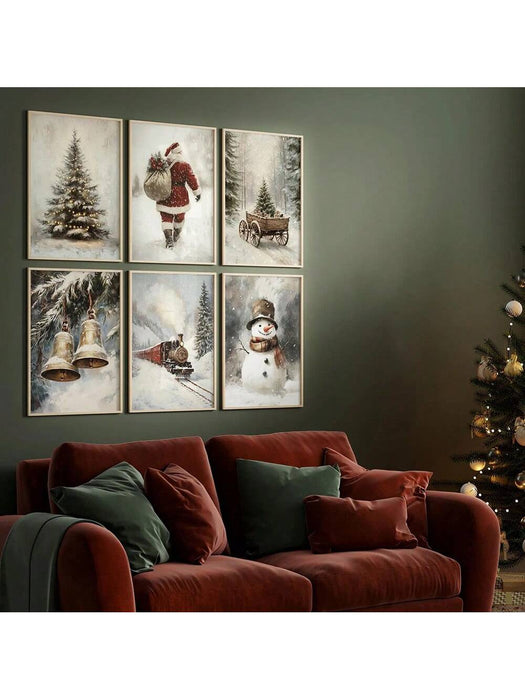 Juego de 6 lienzos navideños para pared, impresiones vintage de Papá Noel y muñeco de nieve - Quierox - Tienda Online
