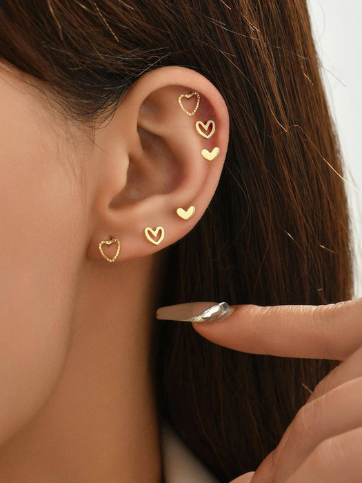 Juego de 6 pendientes con forma de corazón ahuecados para uso diario - Quierox - Tienda Online