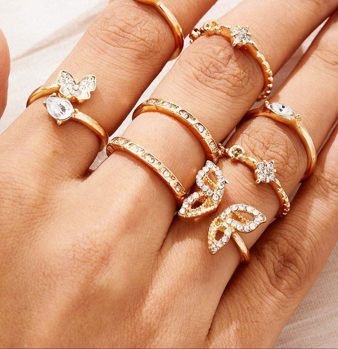 Juego de anillos de mariposa estilo bohemio con adornos de