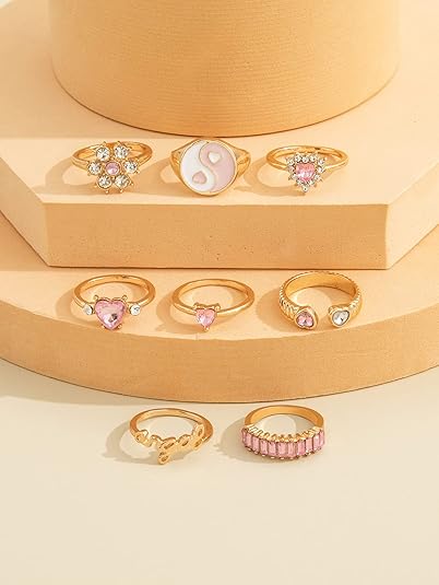 Juego de 8 anillos apilables, Rose con circonita cúbica, color dorado y rosa - Quierox - Tienda Online
