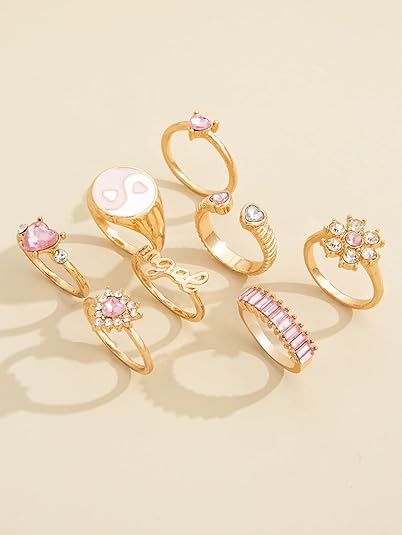 Juego de 8 anillos apilables, Rose con circonita cúbica, color dorado y rosa - Quierox - Tienda Online