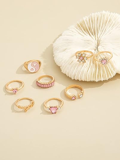 Juego de 8 anillos apilables, Rose con circonita cúbica, color dorado y rosa - Quierox - Tienda Online