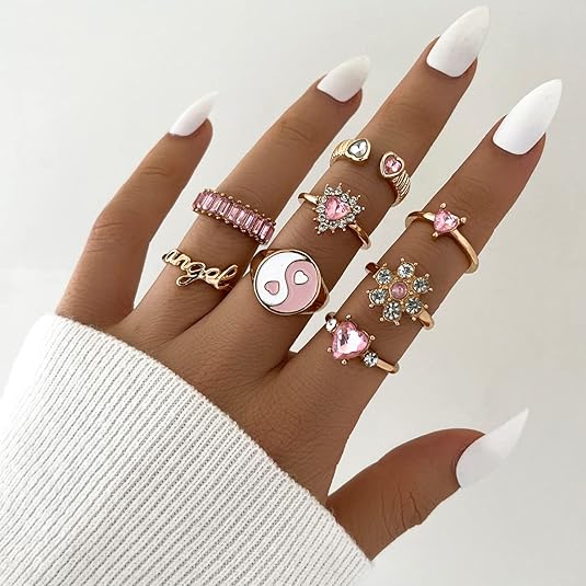 Juego de 8 anillos apilables, Rose con circonita cúbica, color dorado y rosa - Quierox - Tienda Online